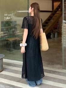 DAZY Women's Round Neck Casual Lace Loose Mid-Length Dress
