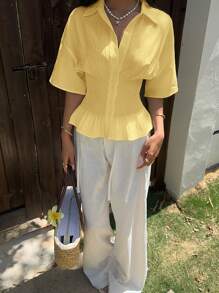 SHEIN EZwear 女式黄色编织束腰纹理夏季休闲短袖衬衫 - 黃色 - 查看 4