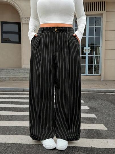SHEIN EZwear Quần ống rộng cài nút màu trơn cỡ lớn kèm thắt lưng cho mùa thu/đông