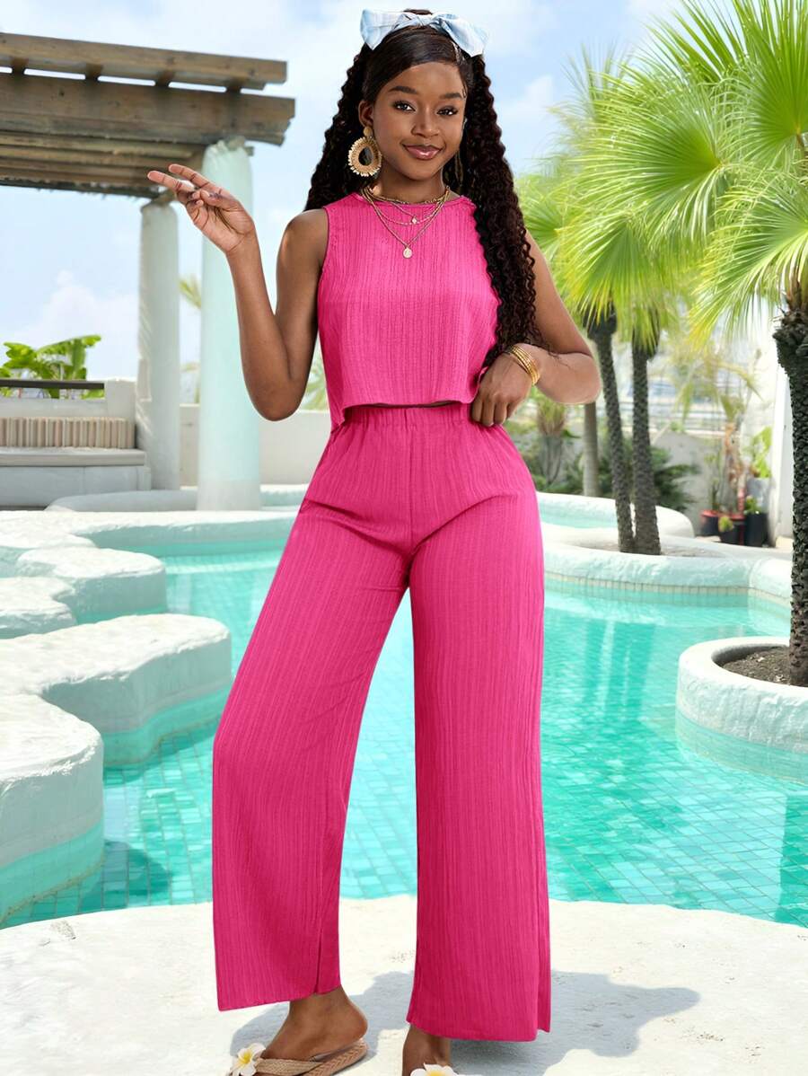 SHEIN Conjunto de 2 piezas para adolescentes: Top de tirantes de cuello redondo de unicolor y pantalones anchos de pierna ancha - Rosa Fucsia - Ver 1