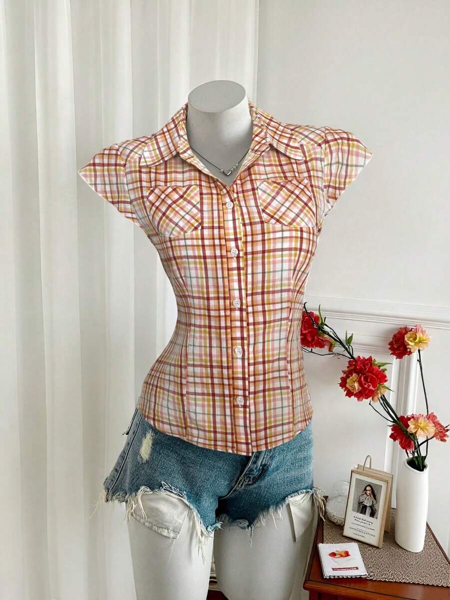 SHEIN Unity 女式复古彩色条纹翻领纽扣修身休闲衬衫