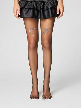 Kawaii 1 Paio di Calze Nere Stile Gotico con Decorazione a Farfalla e Fiocco, per Ognissanti