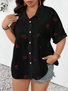 SHEIN Frenchy 女士加大码前开设计纹理面料舒适休闲短袖衬衫，适合春夏季女士春季上衣夏季女士上衣优雅女士连衣裙 - 黑色 - 查看 4