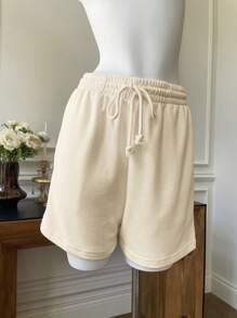 SHEIN EZwear 女士针织休闲运动短裤，夏季 - 杏色 - 查看 6