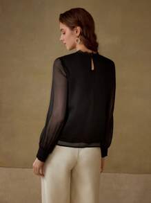 MOTF PREMIUM CHEMISIER À MANCHES LANTERNES AVEC CONTRASTE DE DENTELLE EN MAILLE TRANSPARENTE - Noir - Voir 3