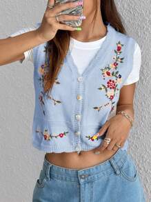 SHEIN Unity Women's Sweet Casual Versatile Flower Embroidered Vest, Suitable For Spring, Summer, Autumn - Multicolor - View 4