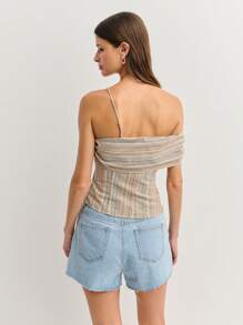 Nöista Khaki Striped Linen-Blend Top With Asymmetric Neckline,Beaded Strap Flattering Fit Breathable Fabric For Summer Boho Vacation Holiday 4th Of July - Yellow - View 7