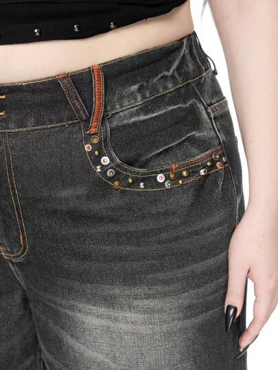 Grunge Punk Retro Streetwear Distressed Studded Design Plus Size Women Loose Low Waist Flare Leg Jeans
