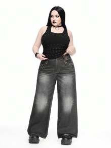 ROMWE Grunge Punk Retro Streetwear Distressed Studded Design Plus Size Women Loose Low Waist Flare Leg Jeans - Light Grey - View 3