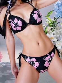 ROMWE Avant Summer Island Girl Hibiscus Print Ruched Tie Front Wireless Lingerie Bra Set, Kawaii - Black - View 1