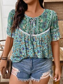 EMERY ROSE Plus Size Women Ditsy Floral Short Sleeve Casual Vacation Shirt - Multicolor - View 6