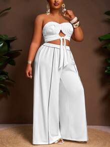 Slaydiva 2025 Spring Summer New White All White Outfit, Beach Vacation Style Matching Set, Country Concert Women Plus Size 2-Piece Set With Bustier, Tie Waist And Embroidered Details - White - View 5