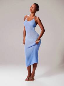 MUSERA 挂脖钩针轻质针织吊带修身渐变色长裙伊比沙岛性感度假春夏节日狂欢沙滩装婚礼宾客 - 藍色 - 查看 1