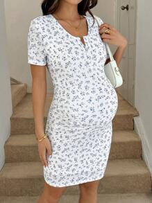 SHEIN Maternity Dresses  Blue Maternity Dress - Blue and White - View 4