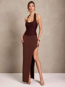 L'Amorae 女士金色金属装饰细节露背罗纹针织夏季休闲度假上衣 - 棕色 - 查看 4