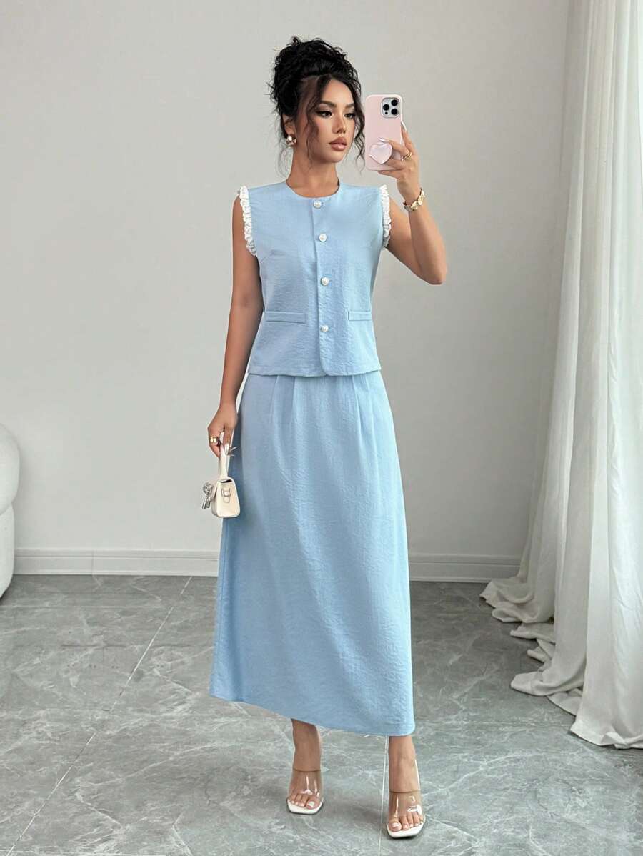 Elenzga 2pcs/Set Lace Trim Sleeveless Waist-Defining High Waist Skirt Set - Blue - View 1