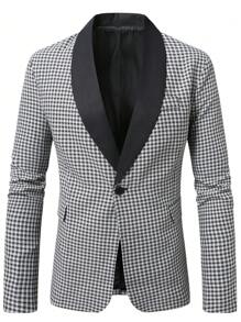 Manfinity Bizformal 男士格纹拼接商务通勤披肩领西装外套 - 黑與白 - 查看 4