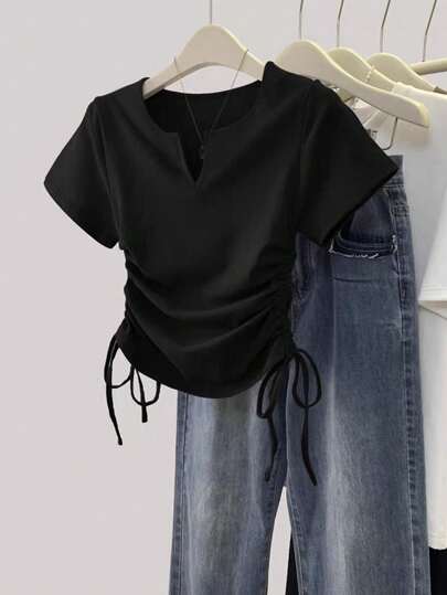 SHEIN 女士休闲纯色侧抽绳短袖T恤，夏季