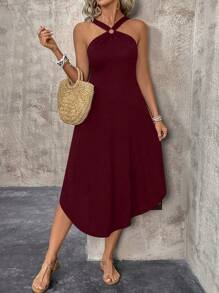 Breezaya Đầm Maxi Đi Biển Không Tay Cổ Halter Màu Trơn Viền Bất Đối Xứng Mùa Hè Trang Phục Đi Biển Cho Nữ - Màu Đỏ Sâu - Xem 6