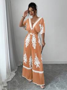 Elenzga 女式印花蝙蝠袖深V领百褶连体裤，度假风 - 卡其色 - 查看 5