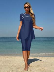 SHEIN Swim Mulvari Áo bikini thể thao thanh lịch giản dị dành cho nữ - Màu xanh hải quân - Xem 3