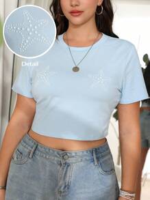 SHEIN EZwear 大码夏季休闲度假海洋风格海星刺绣修身T恤 - 淺藍色 - 查看 3