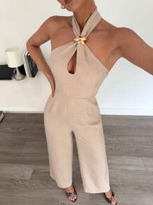 Siren Gaze 女式光滑金属饰边露背吊带连体裤，高端款式金属扣装饰吊带连体裤，办公室女士优雅无袖连体裤 - 杏色 - 查看 3