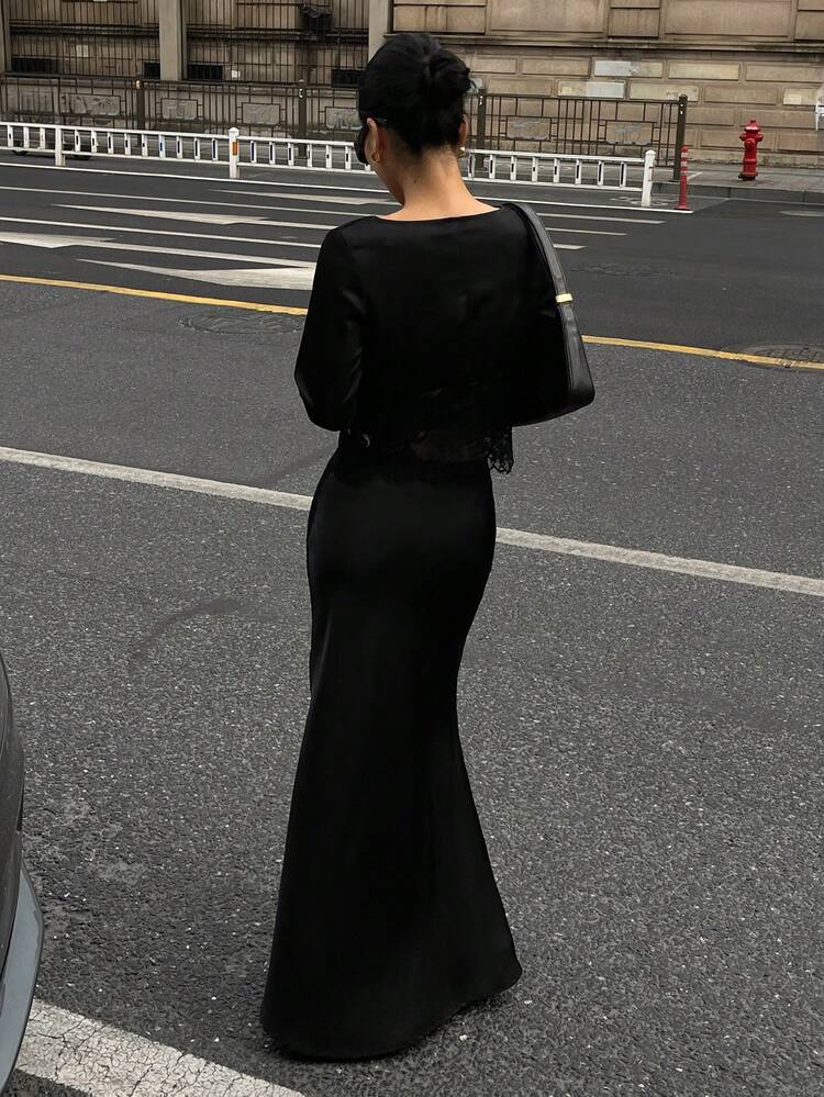 Women's Summer Lace Patchwork Draped Neck Top And Mermaid Hem Skirt 2 Pieces Set