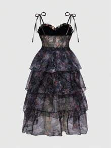 ROMWE Avant Váy 2 trong 1 in hoa toàn thân màu đen cổ điển cỡ lớn tuyệt đẹp có thể tháo rời nhiều chân váy - Phong cách cung điện, Váy sinh nhật, Váy đi biển, Váy xếp chồng, Váy - Nhiều màu - Xem 2