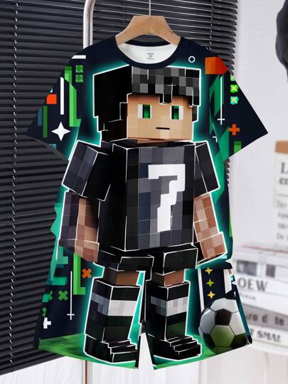 Bộ đồ đôi nam thiếu niên phong cách tối giản, tay ngắn, thời trang cổ điển in hình hoạt hình robot cơ khí và cầu thủ bóng đá, cổ tròn, thích hợp cho mùa hè.