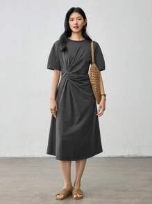 Dazy-Less 夏季商务休闲扭褶设计宽松直筒中长连衣裙，适合女士、返校服、教师装 - 深灰色 - 查看 6