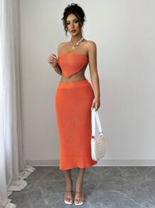 SHEIN Clasi 2pcs/Set Solid Color Knitted Asymmetrical Hem Cropped Top & Orange Skirt Sweater Set - Orange - View 5