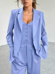 SHEIN EZwear 夏季休闲蓝色女式三件套西装：长袖西装外套 + 马甲 + 口袋裤 - 藍色 - 查看 4