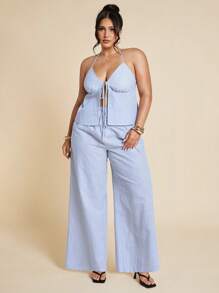 SHEIN BAE Plus Size 2pcs Set Summer Casual Striped Bow Print Tank Top And Pants Easter Vacation Boho Mother Day Simple & Fashionable Cozy Fit Relaxed Outfit,4th Of July Clothes,Memorial Day, Graduation,Work/Office,Vacation Outfits,Two Pieces Summer Set,Linen Set,Red White Blue Set,Linen Pants Womenummer Outfits For Women