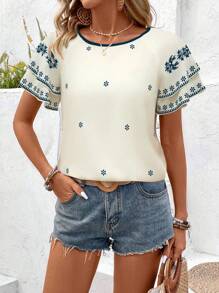 SHEIN Clasi 女士多层袖定位印花短袖衬衫 - 彩色 - 查看 6