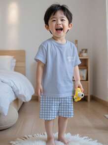 2 件男童休闲简约字母格子图案家居服套装，宽松家居服 - 彩色 - 查看 1