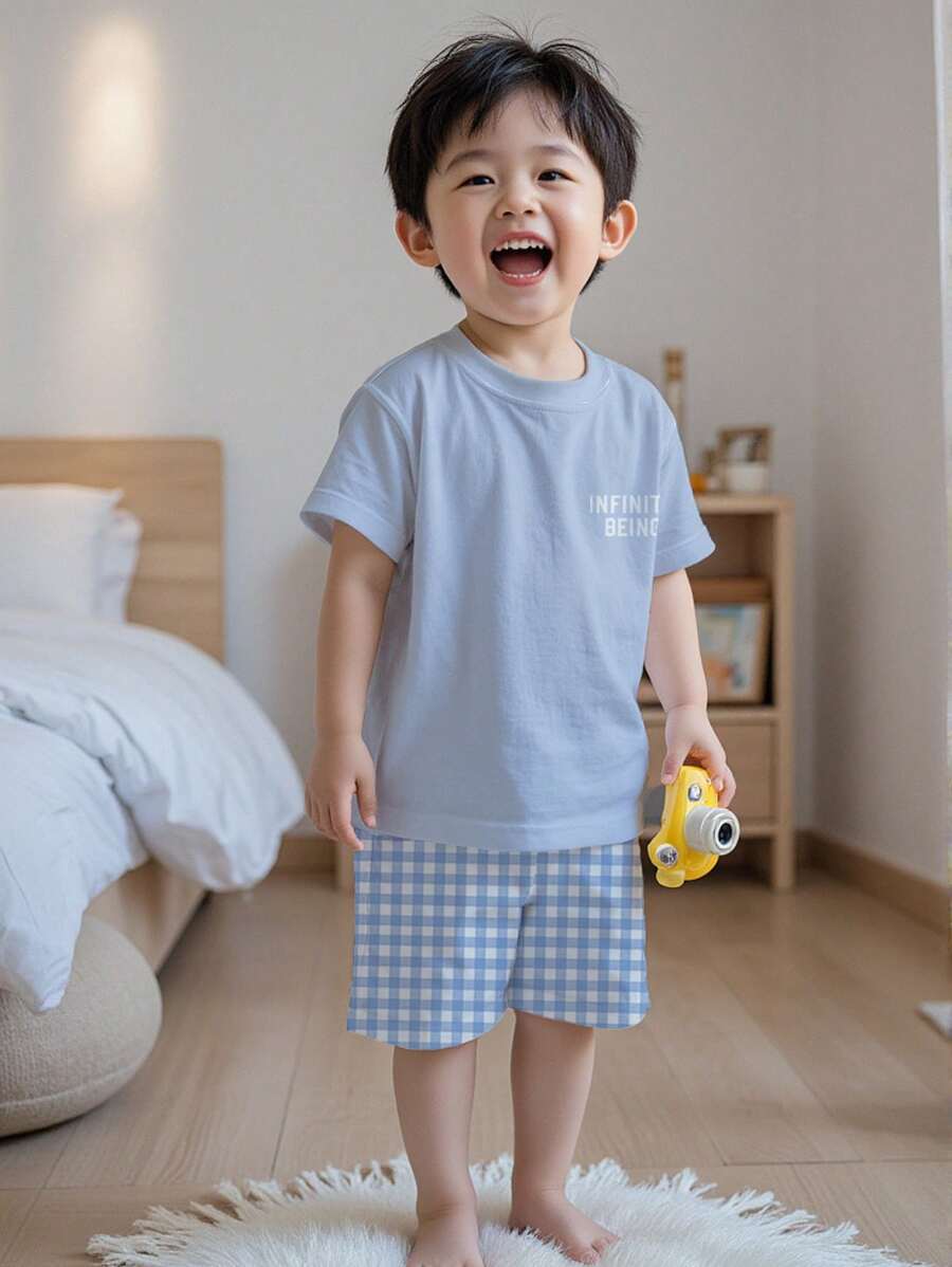 2 件男童休闲简约字母格子图案家居服套装,宽松家居服 - 彩色 - 查看 1