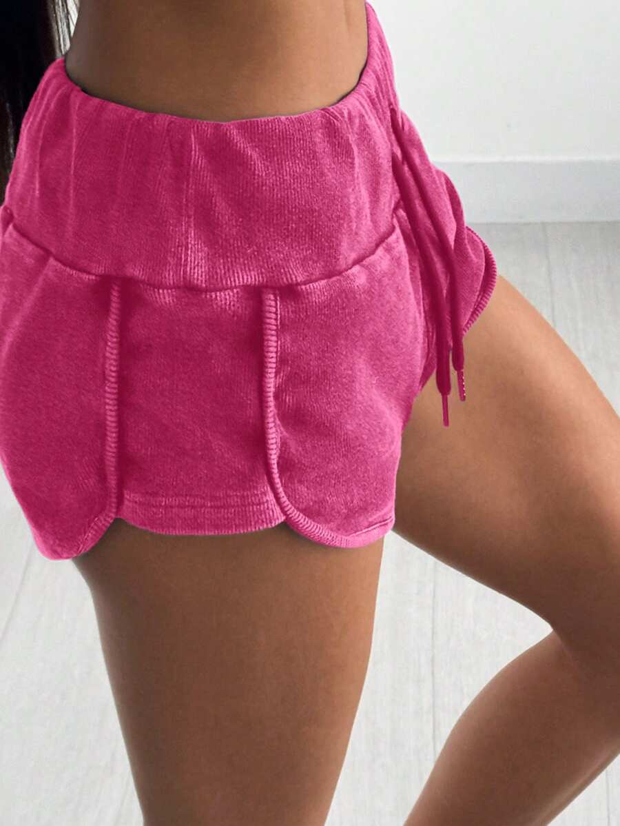 SHEIN EZwear 粉色复古做旧水洗紧身女式短裤，夏季 - 玫紅色 - 查看 1