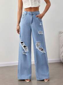 SHEIN Tall Jeans azules de pierna ancha y suelta con rasgados para mujer