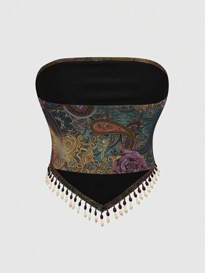 Hippie Plus Size Women's Summer Hippie Vintage Western Music Festival Transparent Wooden Bead Fringe Hem Paisley Print Bohemian Bandeau Top