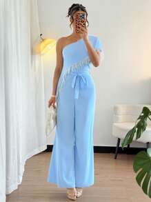 Rafferiza 女士优雅流苏肩长款派对连体裤 - 藍色 - 查看 4