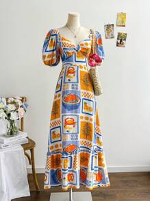 Soleia Đầm Maxi dự tiệc thường ngày họa tiết trái cây và cua nhiều màu sắc cho nữ, tay bồng, viền xếp nếp, lãng mạn, màu cam, họa tiết hoa nhiệt đới xanh lam, mùa hè - Nhiều màu - Xem 3