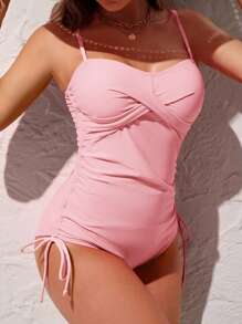 Swim Lushoire 1 bộ đồ bơi liền mảnh màu trơn có dây rút bên hông, thích hợp cho kỳ nghỉ ở bãi biển - Màu Hồng baby - Xem 3