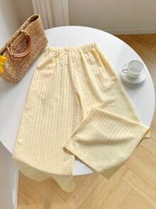 Comfortcana 女士宽松休闲奶油黄条纹裤，适合夏季度假 - 黃色 - 查看 2