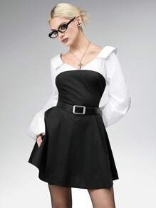 Goth 女式性感深V领拼布衬衫裙 - 黑色 - 查看 9