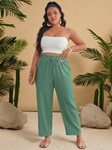 SHEIN VCAY Quần ống côn màu trơn thường ngày cỡ lớn - Màu xanh Bạc hà - Xem 5