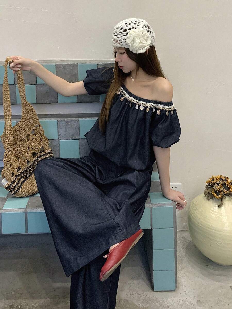 DAZY Women Denim Two Pieces Outfits,Off Shoulder Top - Blue - View 1