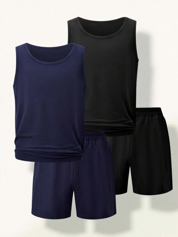 SHEIN Explorewe 4pcs Teen Boys Casual Fashion Minimalist Commuting Outdoor Versatile Comfortable Tank Top With Pocket & Shorts 2 Pieces Outfits