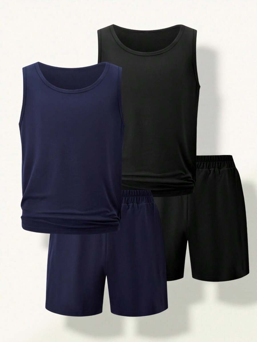 SHEIN Explorewe 4 件青少年男童休闲时尚简约通勤户外百搭舒适背心带口袋和短裤两件套服装