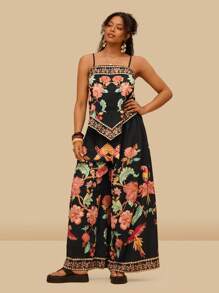 Travachic 大码女式热带夏季波西米亚图案印花背心和裤子两件套 - 黑色 - 查看 3